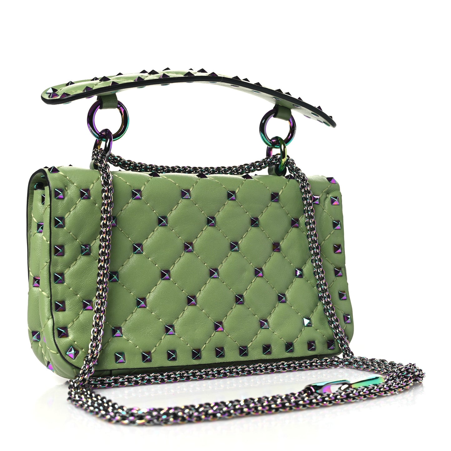 Lambskin Oil Slick Rockstud Spike Shoulder Bag Green