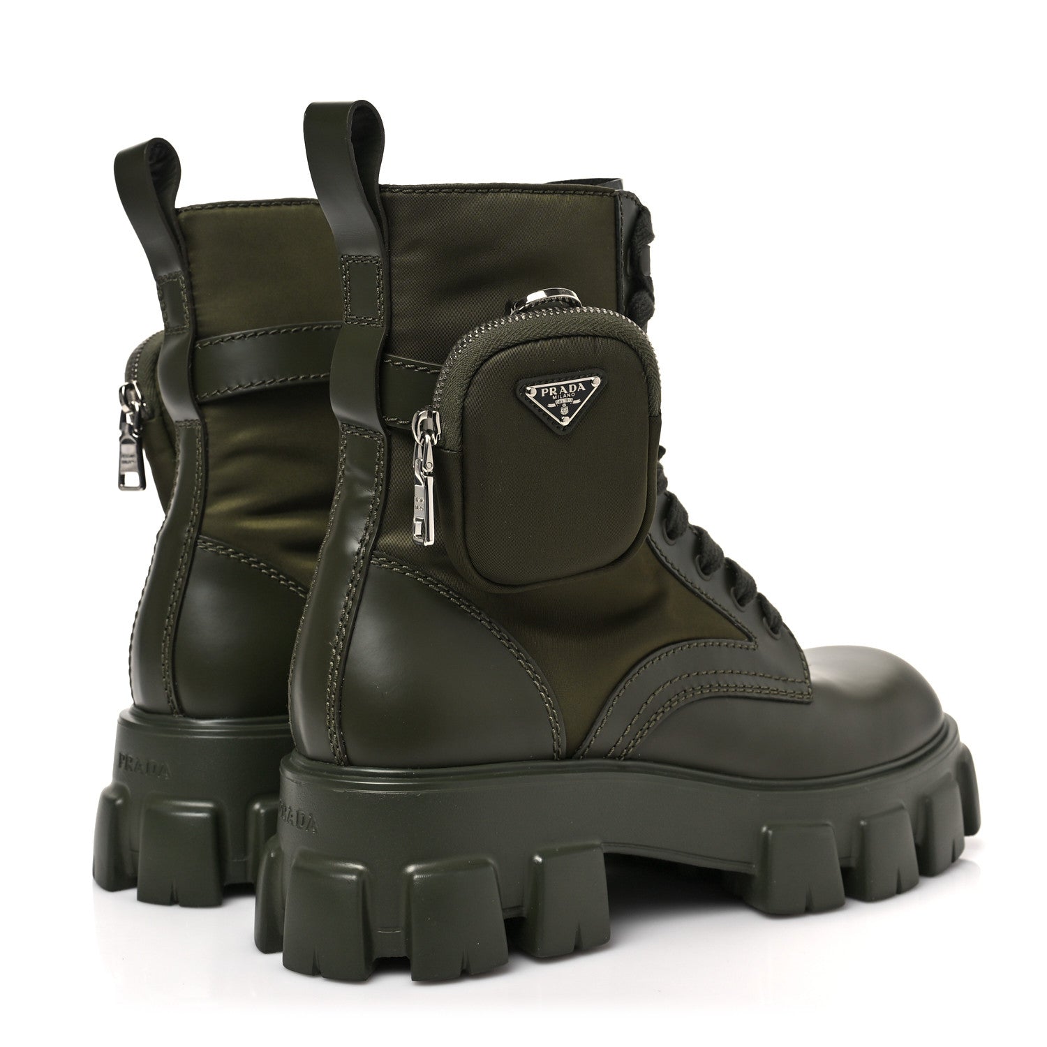 Prada Spazzolato Rois Re-Nylon Metal Triangle Logo Mens Monolith Pouch Pocket 60mm Combat Boots 8 Militare 4 of 7