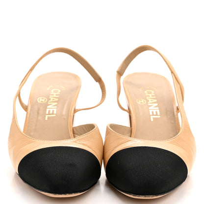 Chanel Goatskin Grosgrain Cap Toe CC Slingback Pumps 38.5 Beige Black 3 of 10
