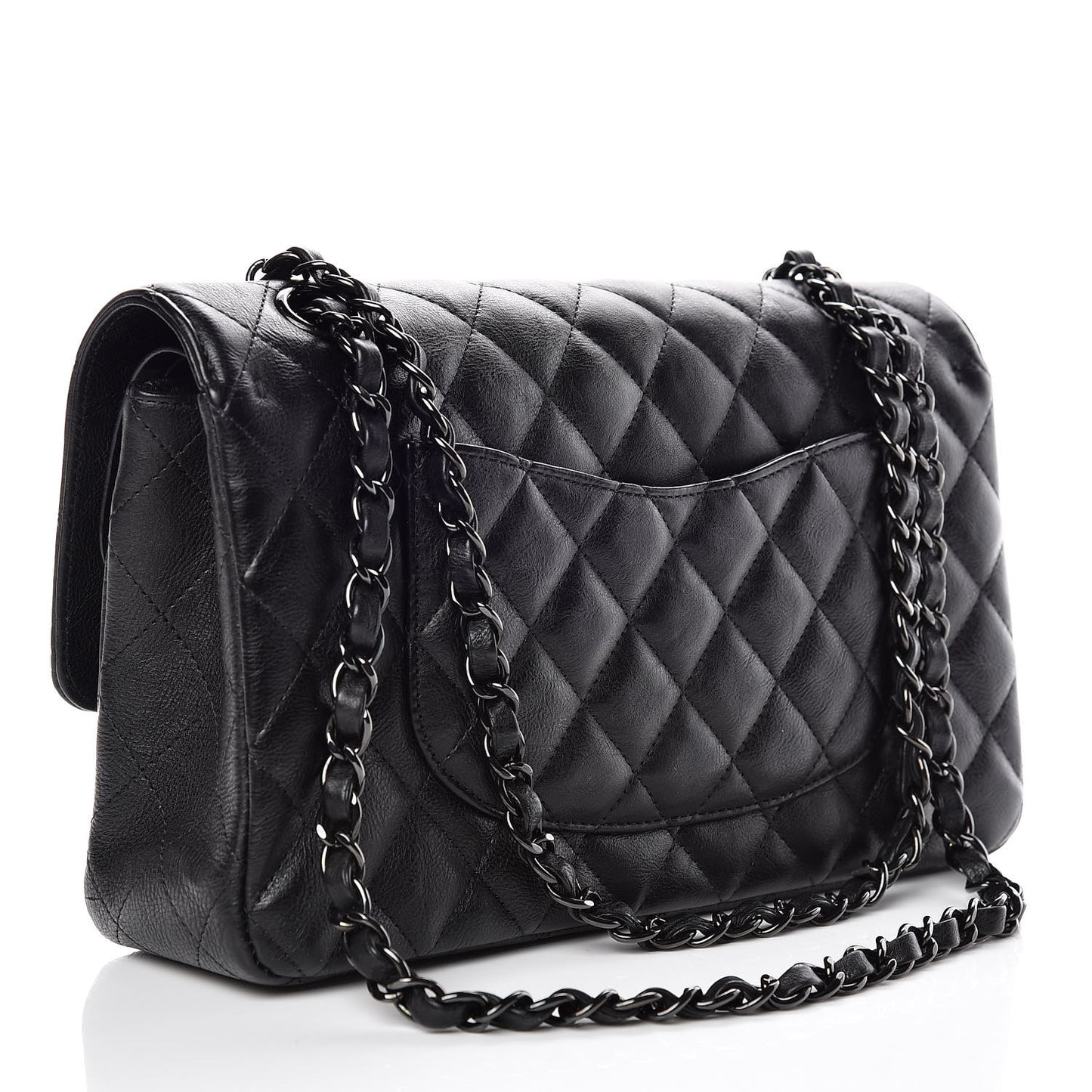 Crumpled Calfskin Quilted Medium Double Flap So Black