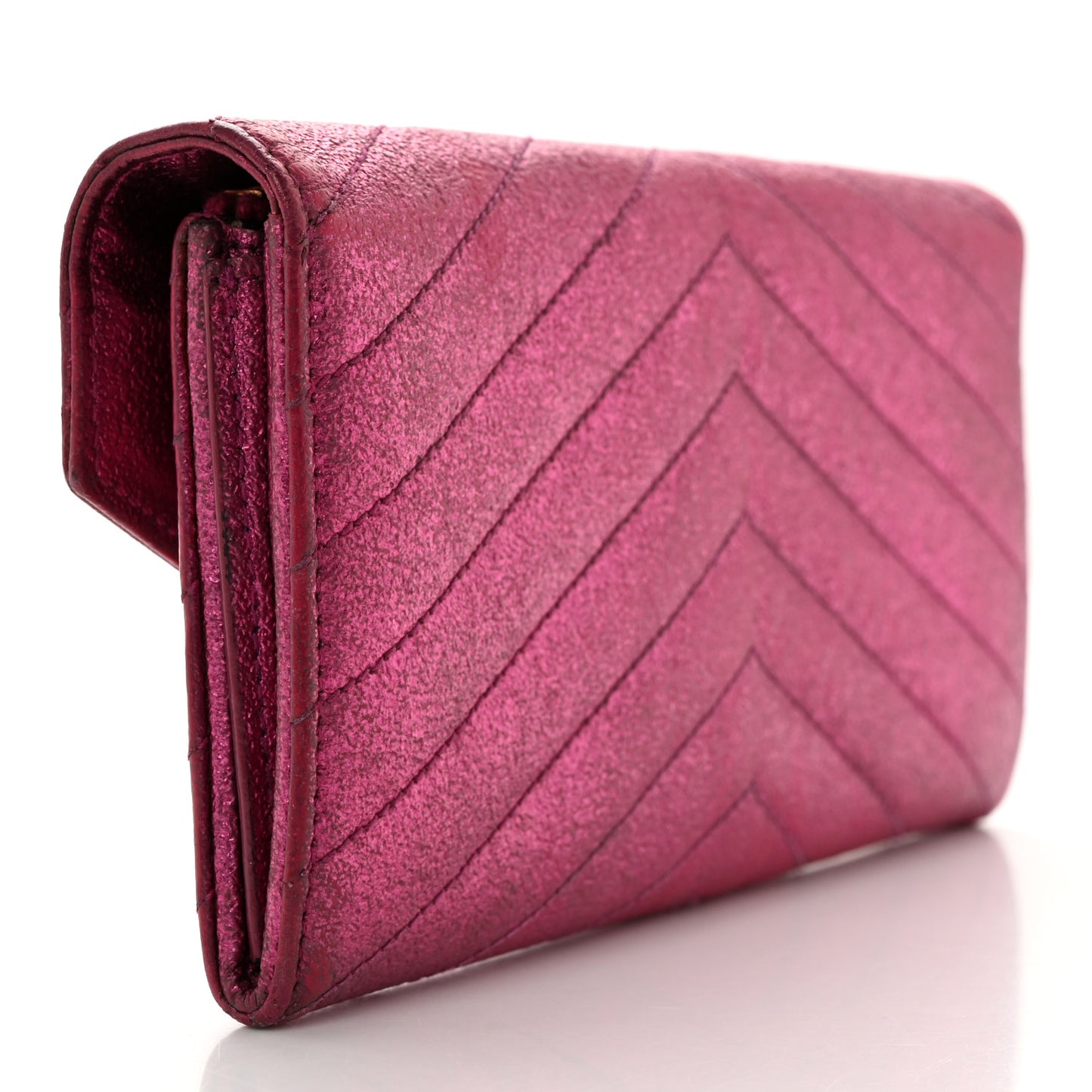 Metallic Crackled Calfskin Matelasse Chevron Monogram Flap Wallet Fuchsia