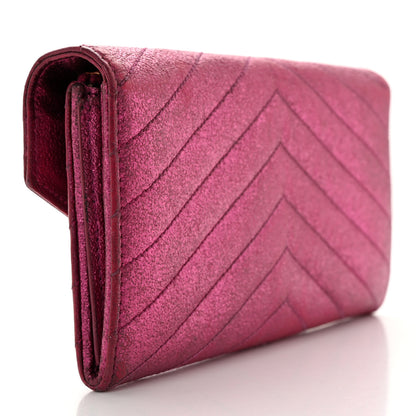 Saint Laurent Metallic Crackled Calfskin Matelasse Chevron Monogram Flap Wallet Fuchsia 3 of 13