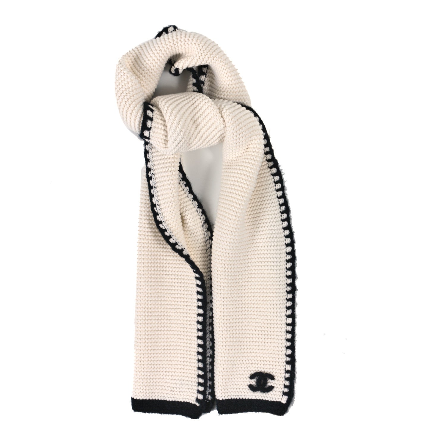 Chanel Cashmere Silk CC Knitted Scarf Black White 1 of 4