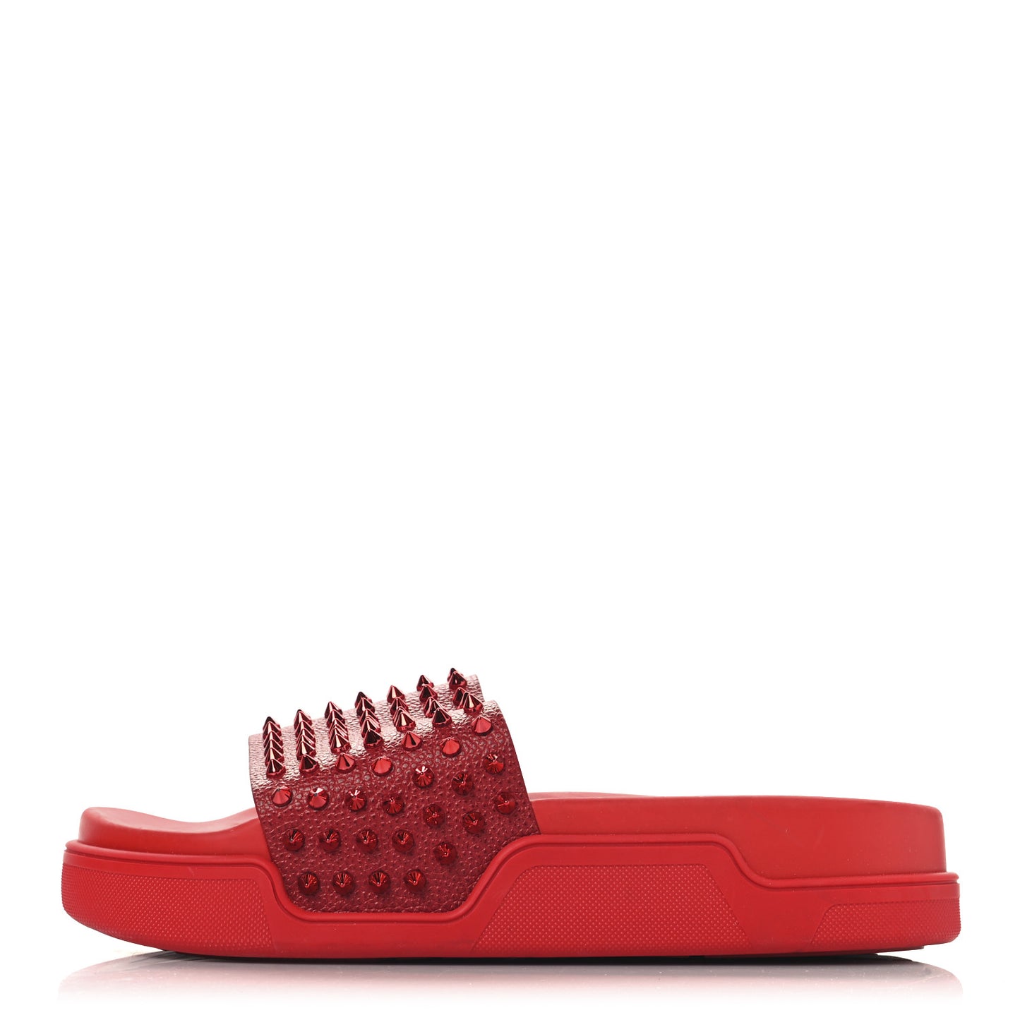 LOUBOUTIN Calfskin Spiked Crocodile Embossed Rubber Pool Fun Platform Flat Slide Sandals 44 Red