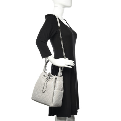 Chanel Grained Calfskin Quilted Medium CC Chain Bucket Drawstring Bag Light Grey 2 of 15