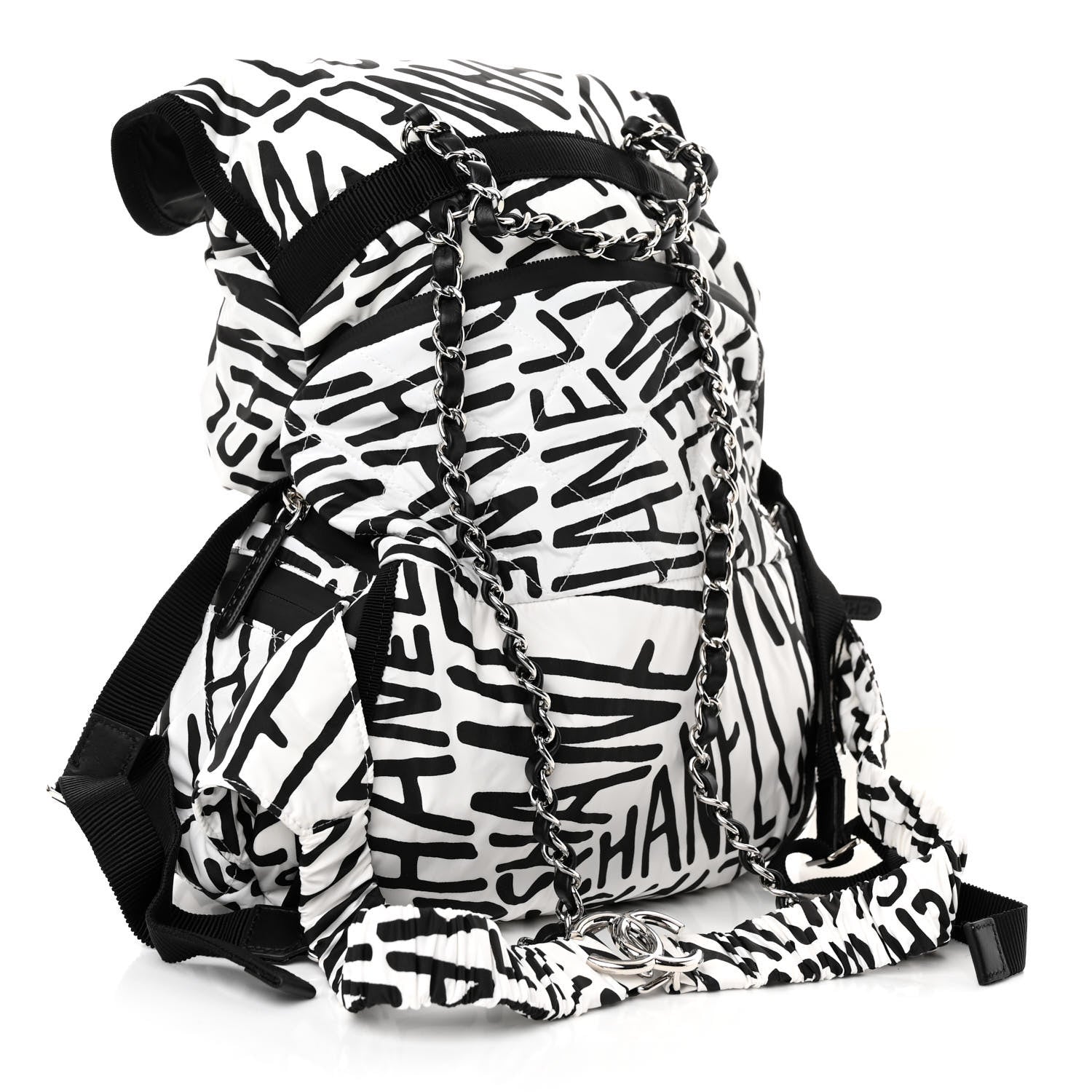 Chanel Nylon Printed Quilted Coco Neige Convertible Backpack Black White 4 of 10
