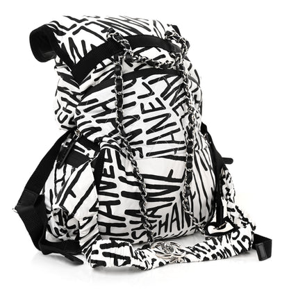 Chanel Nylon Printed Quilted Coco Neige Convertible Backpack Black White 4 of 10