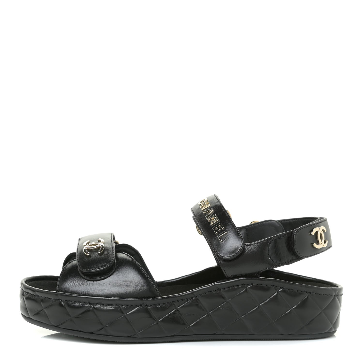 Chanel Shiny Calfskin Logo Platform Sandals 38 Black 1 of 12