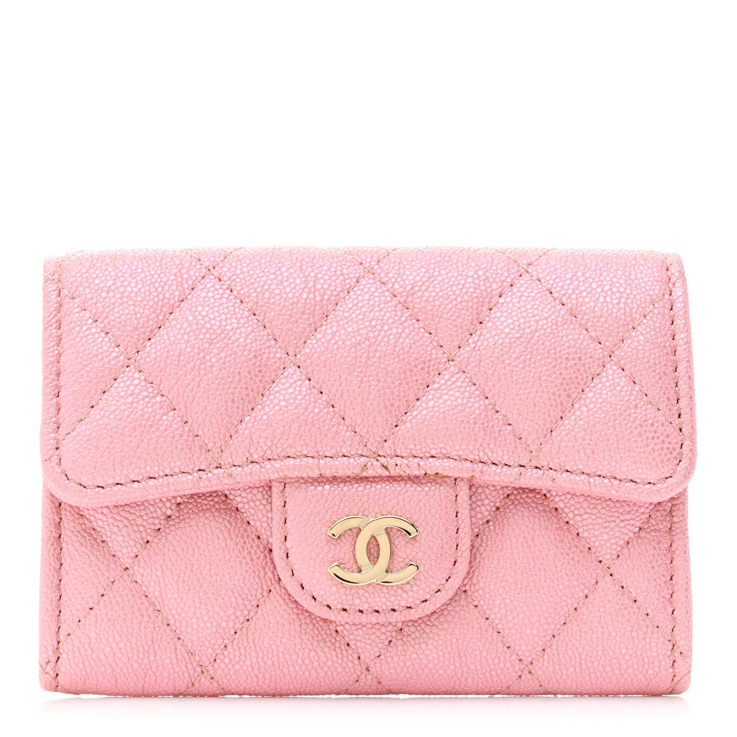 Iridescent Caviar Quilted Flap Card Holder Rose Pink