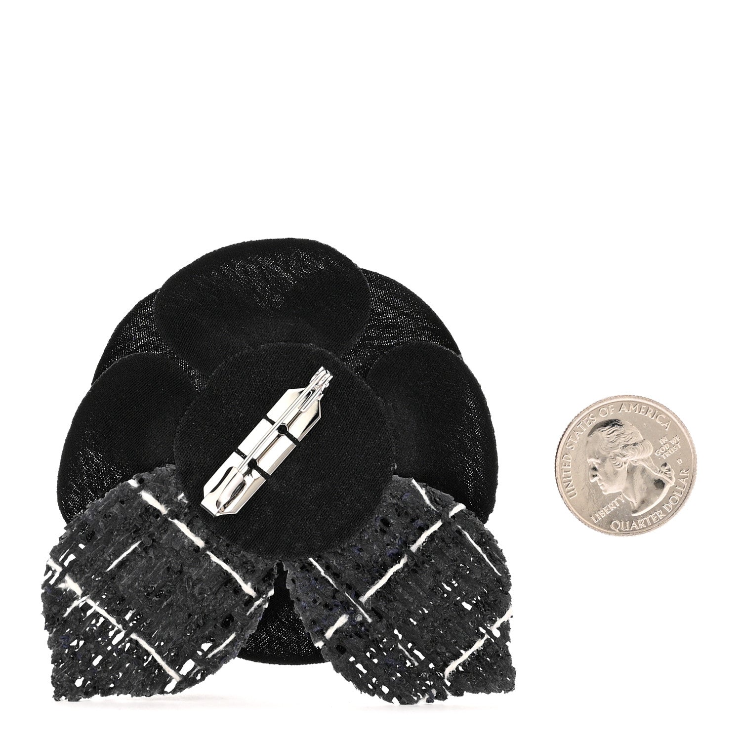 Chanel Tweed Fabric Camellia Pin Brooch Black 2 of 3