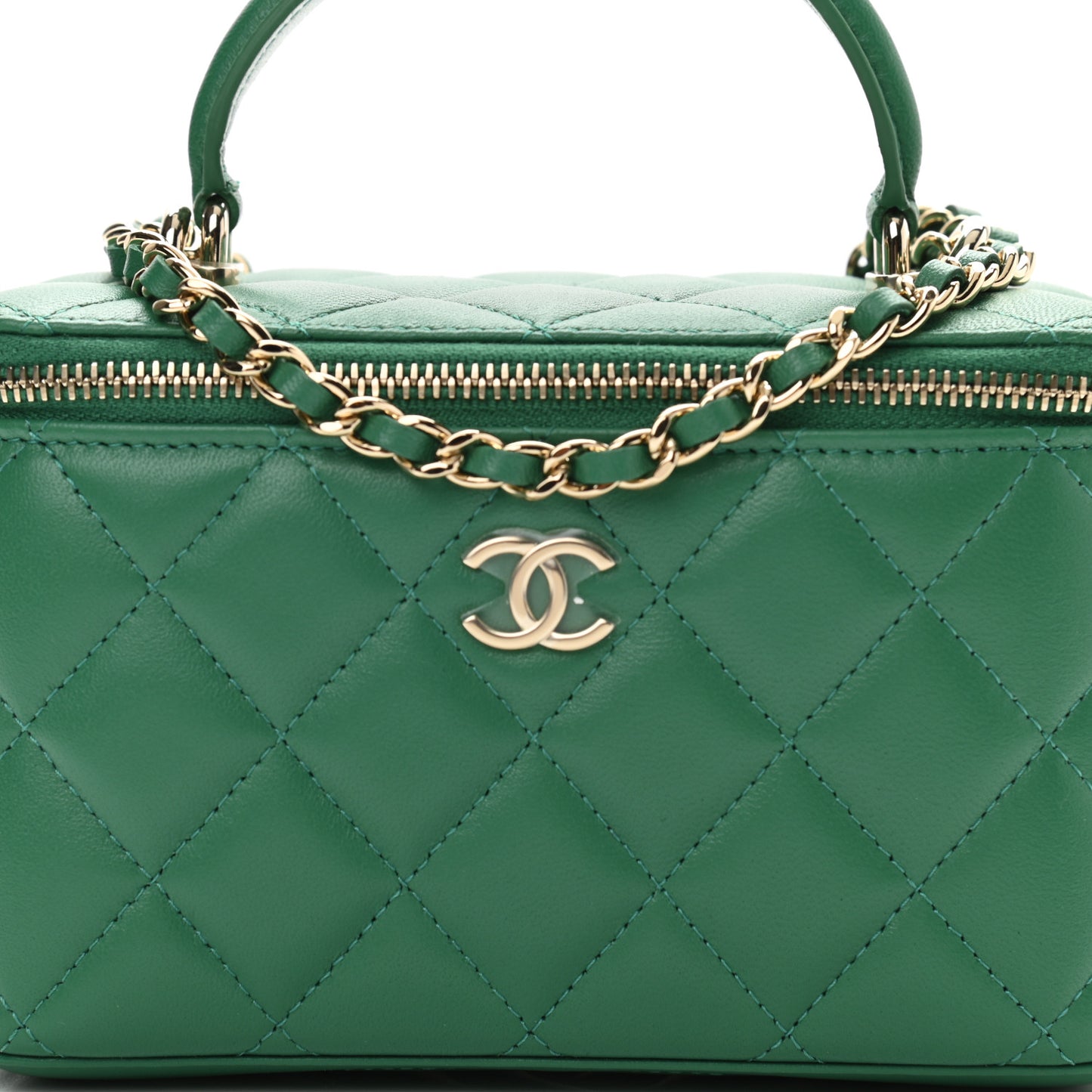 Lambskin Quilted Small Top Handle Vanity Case With Chain Green