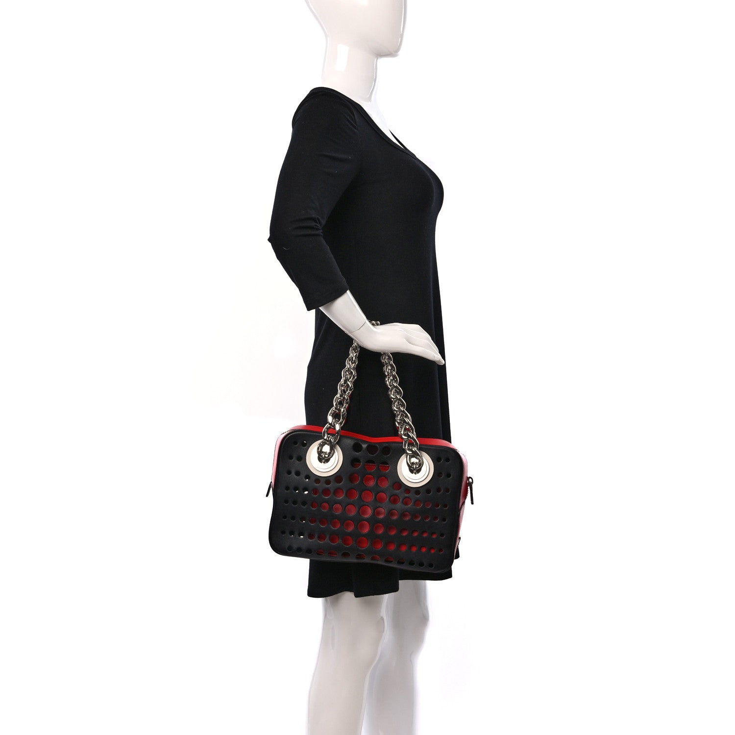Prada City Calfskin Perforated Chain Shoulder Bag Black Lacca 2 of 12