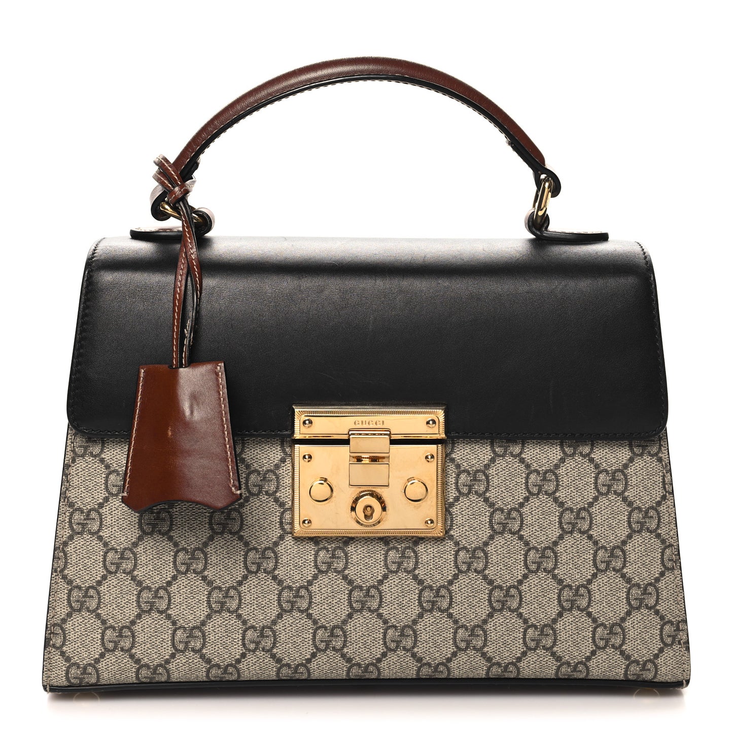 GG Supreme Monogram Calfskin Small Padlock Top Handle Bag Beige Black Cuir