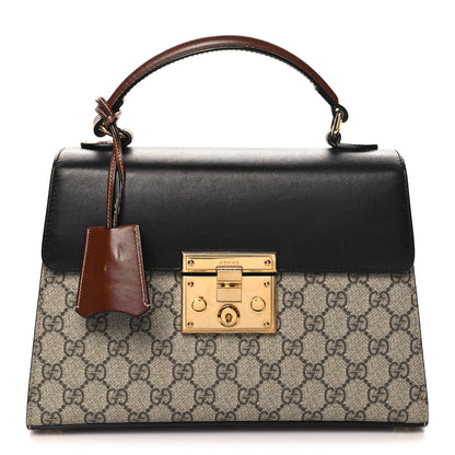 Gucci GG Supreme Monogram Calfskin Small Padlock Top Handle Bag Beige Black Cuir 1 of 10