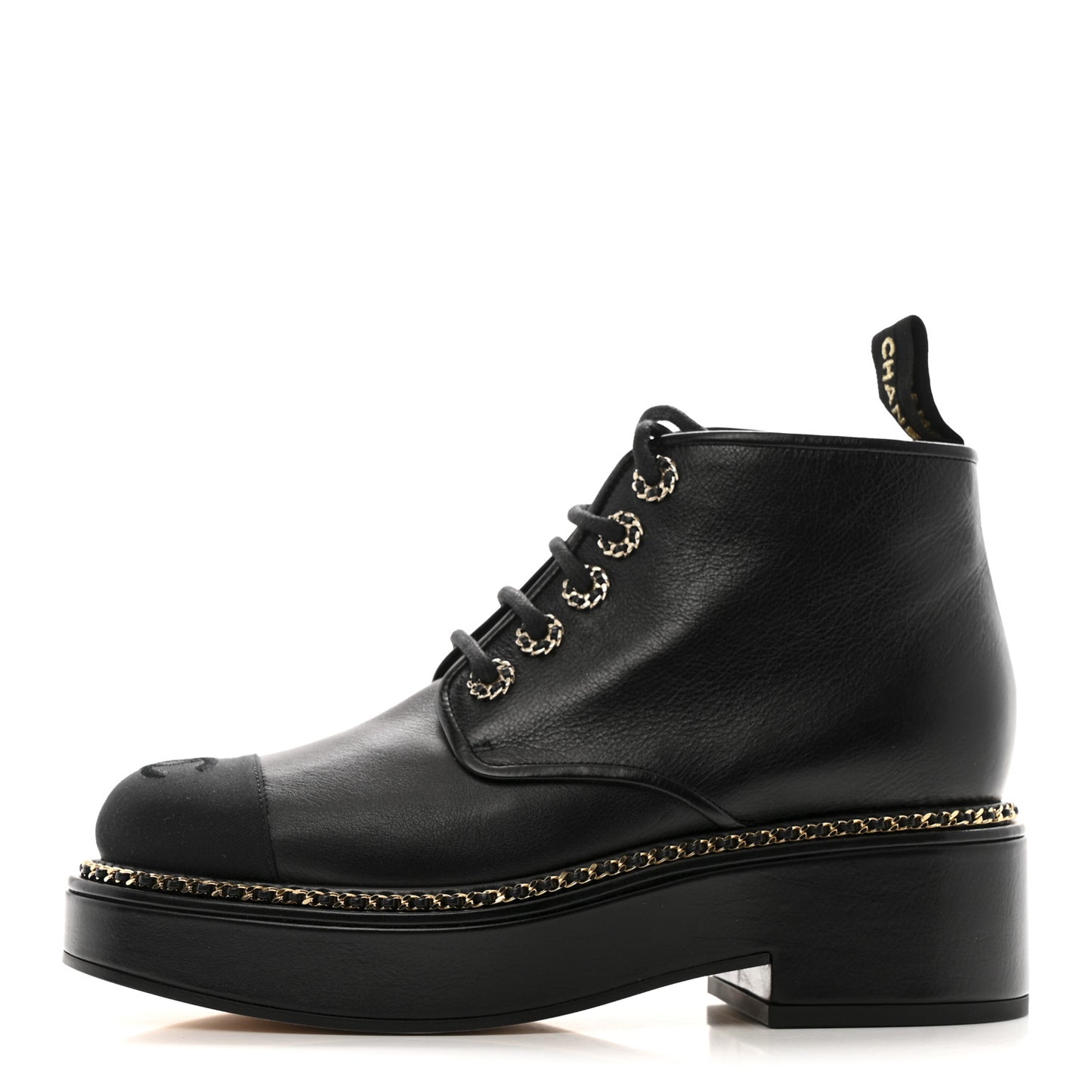Calfskin Grosgrain Chain Lace Up CC Short Boots 37.5 Black