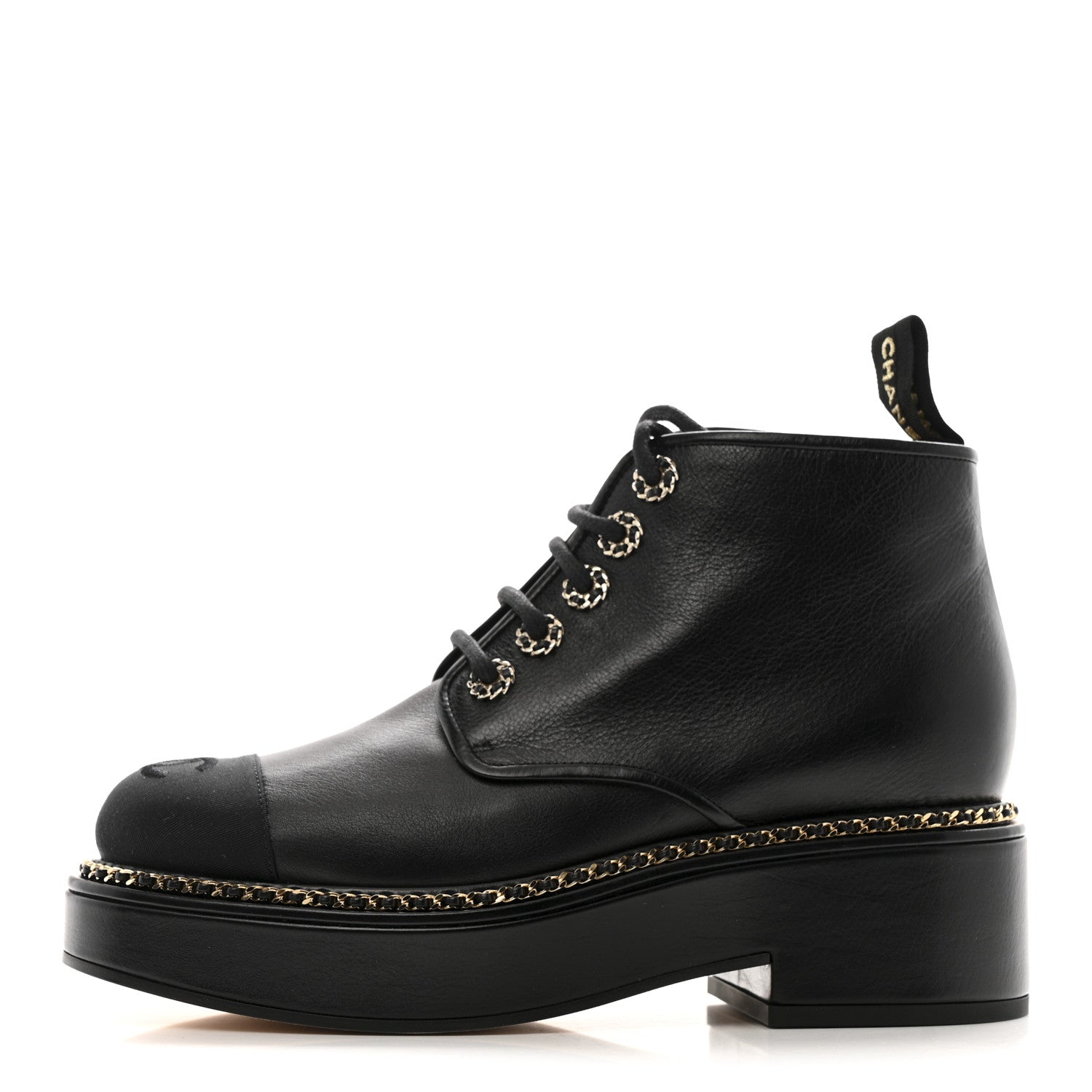 Chanel Calfskin Grosgrain Chain Lace Up CC Short Boots 37.5 Black 1 of 11