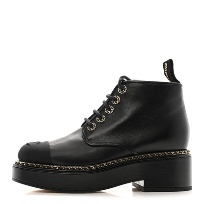 Chanel Calfskin Grosgrain Chain Lace Up CC Short Boots 37.5 Black 1 of 11