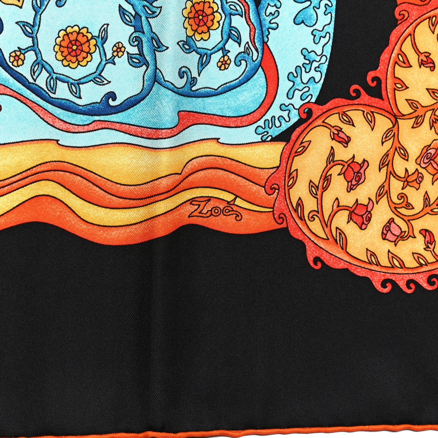 Silk De Tout Coeur Scarf 90 Black Orange Vif Turquoise