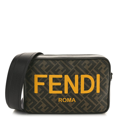 Fendi Shiny Glazed Fabric Vitello Cover FF 1974 Logo Medium Camera Case Tobacco Moro Giallo Ebano 1 of 9