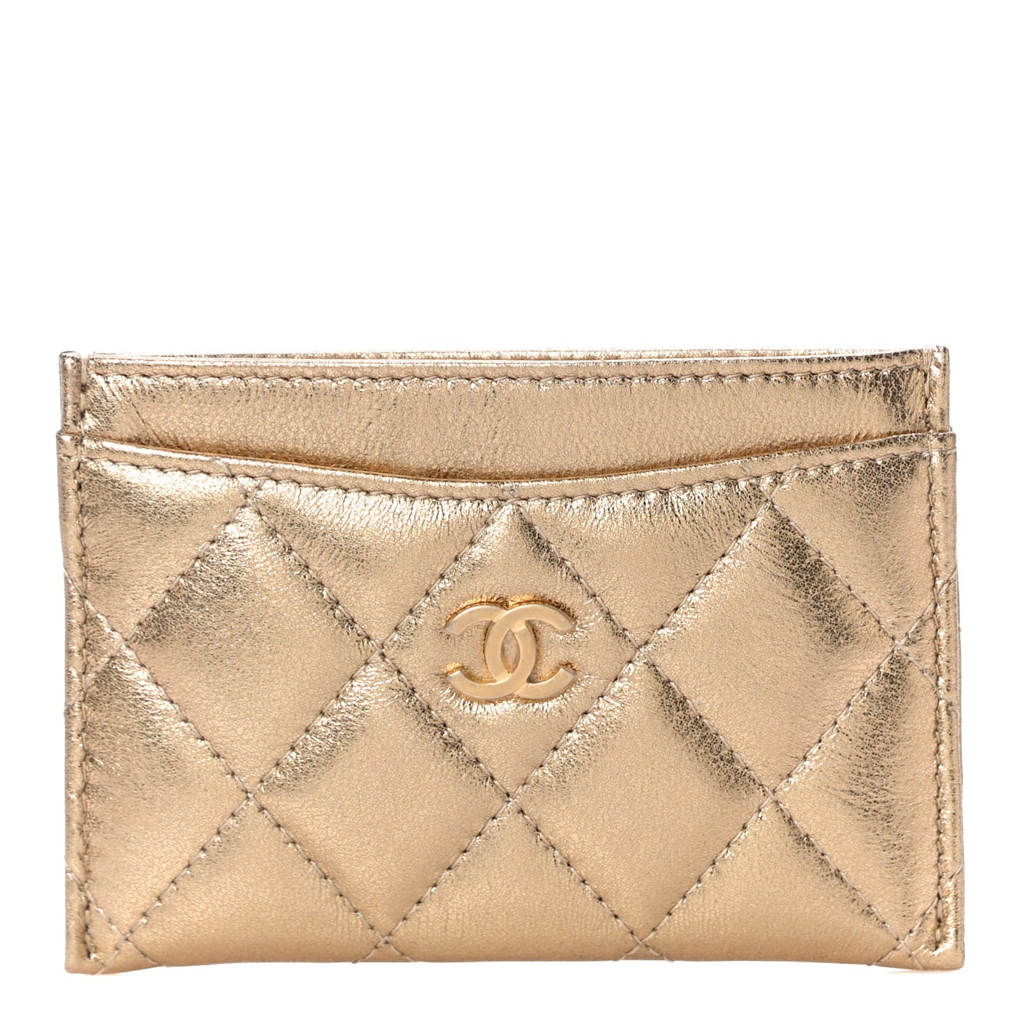 Metallic Lambskin Quilted CC Card Holder Gold