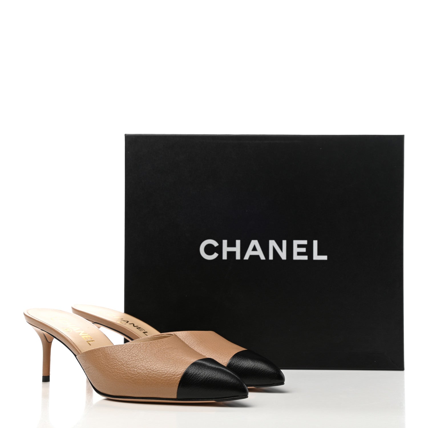 Chanel Lambskin Grosgrain Cap Toe CC Mules 39 Beige Black 10 of 10