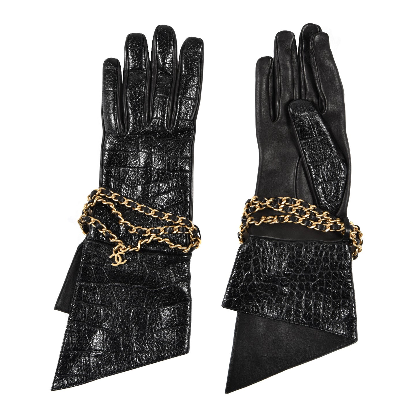 Lambskin Crocodile Embossed Chain Gloves 7.5 Black