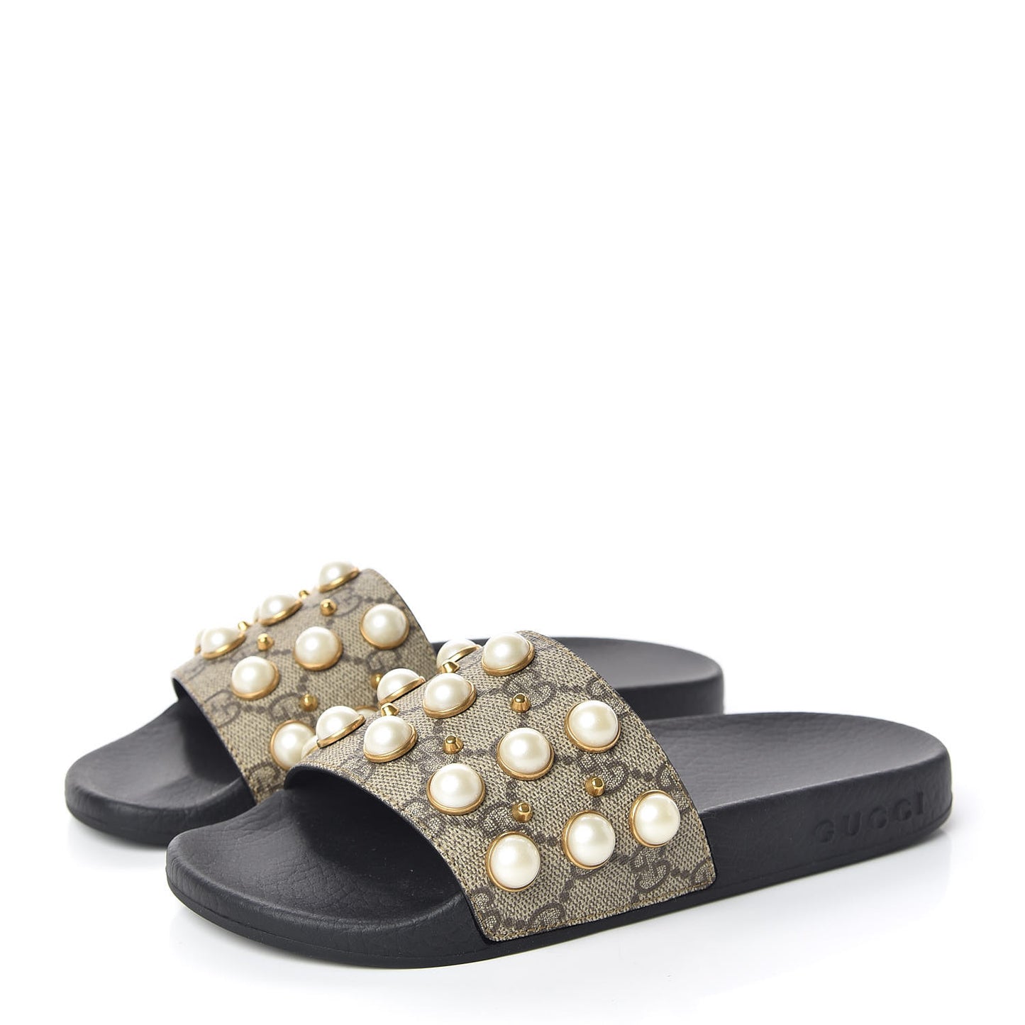 GG Supreme Monogram Pearls Slide Sandals 34 Beige