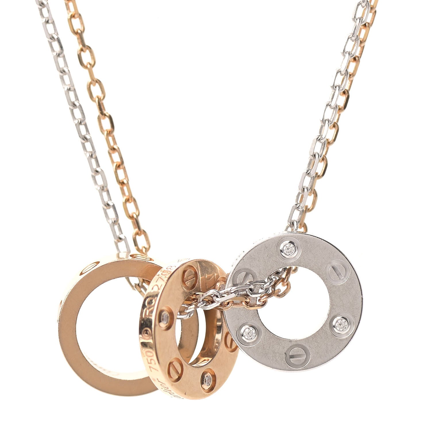 Cartier 18K White Pink Gold Diamond Three Ring LOVE Pendant Necklace 3 of 5
