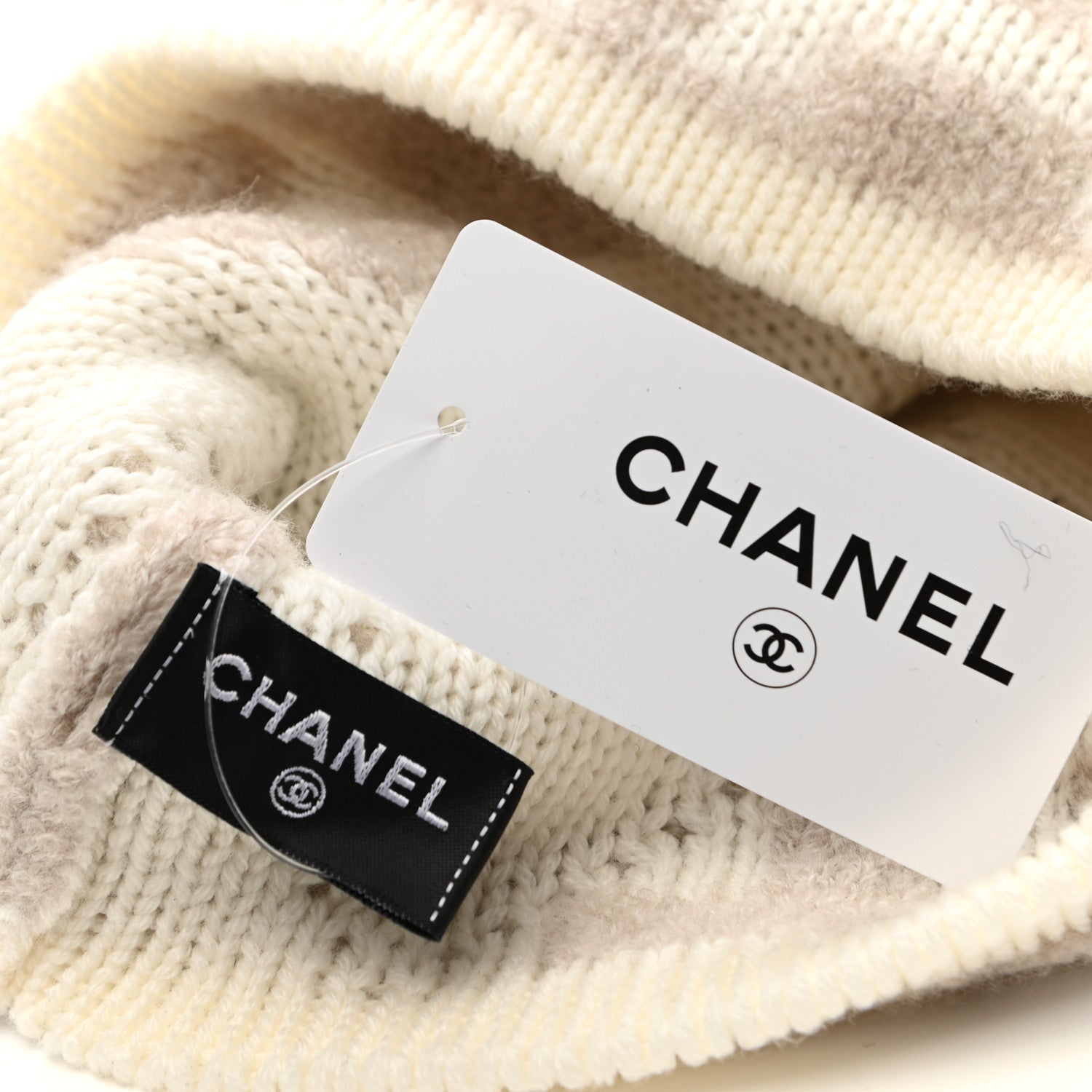 Chanel Cashmere Wool Silk Logo Beanie Hat Beige White 4 of 4