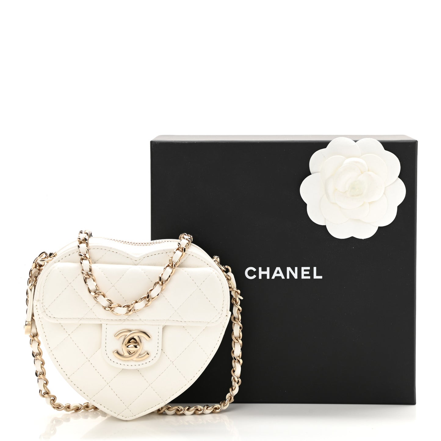 Lambskin Quilted CC In Love Heart Clutch With Chain White