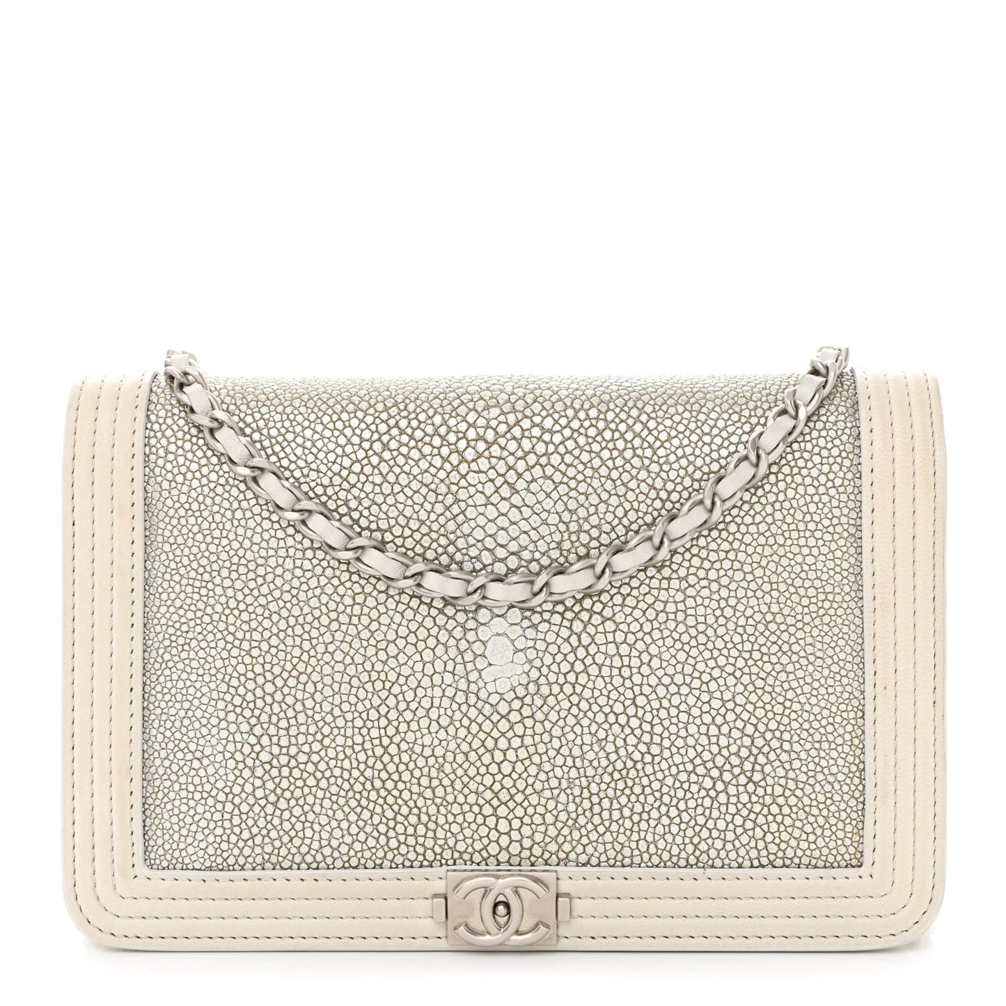 Metallic Galuchat Stingray Lambskin Boy Wallet On Chain WOC Silver