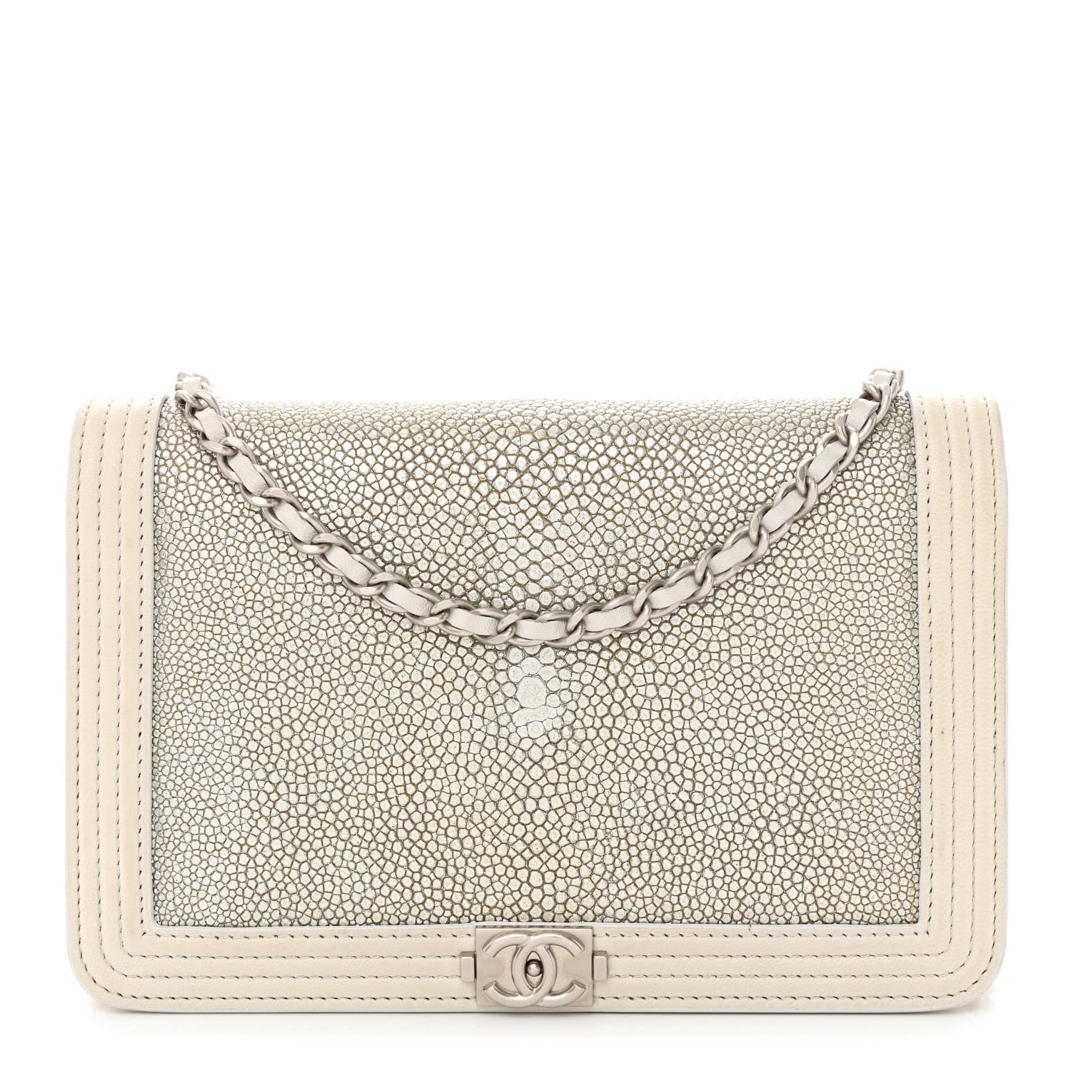 Chanel Metallic Galuchat Stingray Lambskin Boy Wallet On Chain WOC Silver 1 of 14