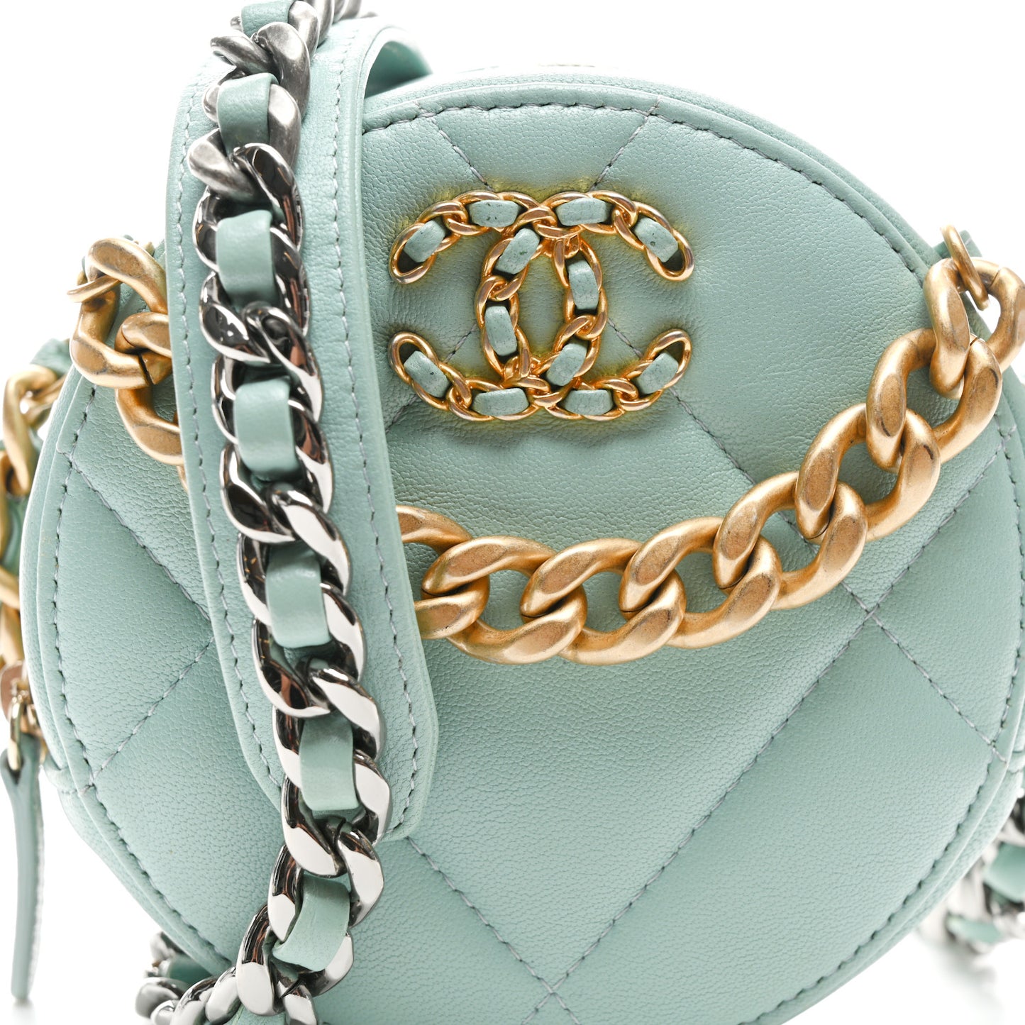 Goatskin Quilted Chanel 19 Round Clutch With Chain Light Blue