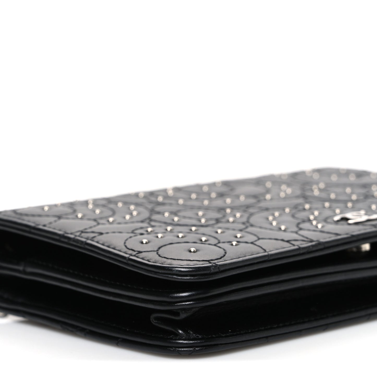 Lambskin Camellia Studded Wallet on Chain WOC Black