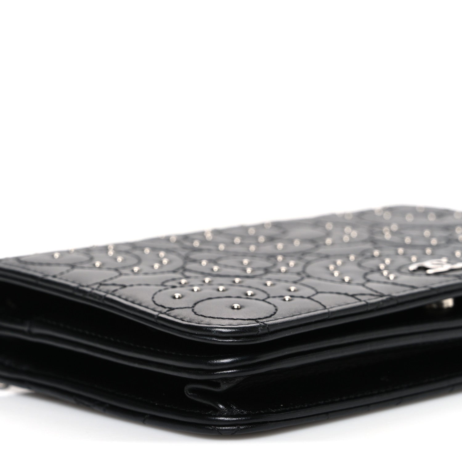 Chanel Lambskin Camellia Studded Wallet on Chain WOC Black 10 of 11