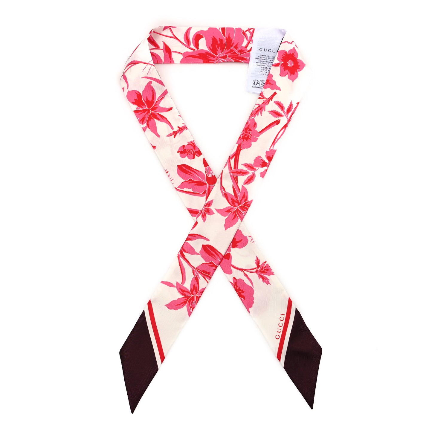 Silk Twill Flora Print Scarf White Pink