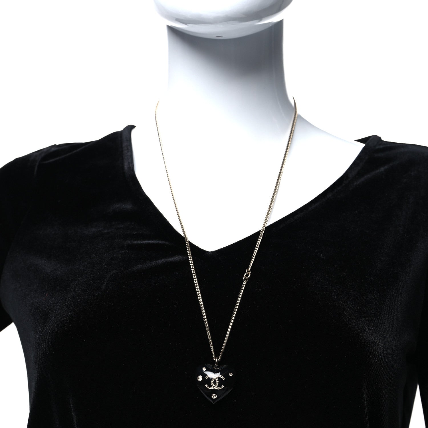 Chanel Resin Crystal CC Heart Necklace Black Gold 2 of 5