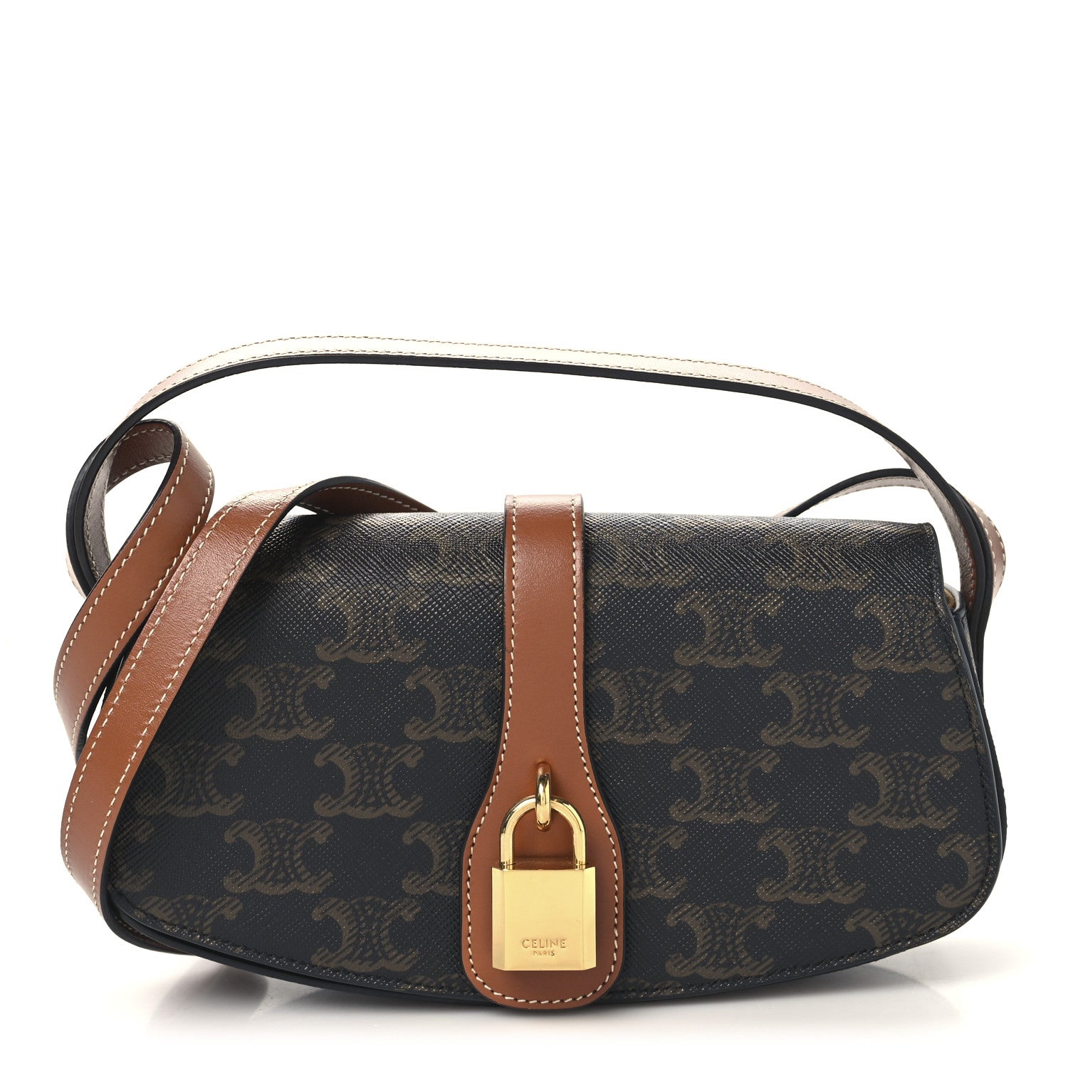 Celine Triomphe Canvas Calfskin Tabou Clutch on Strap Tan 1 of 9