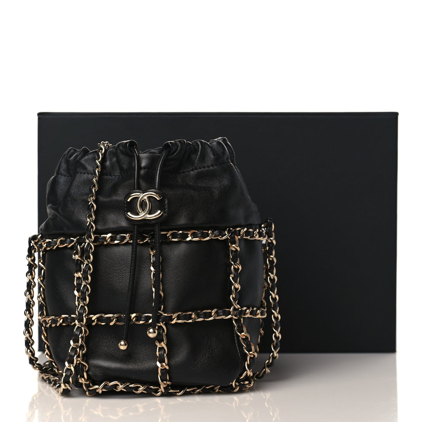 Lambskin Bucket Chain Drawstring Bag Black