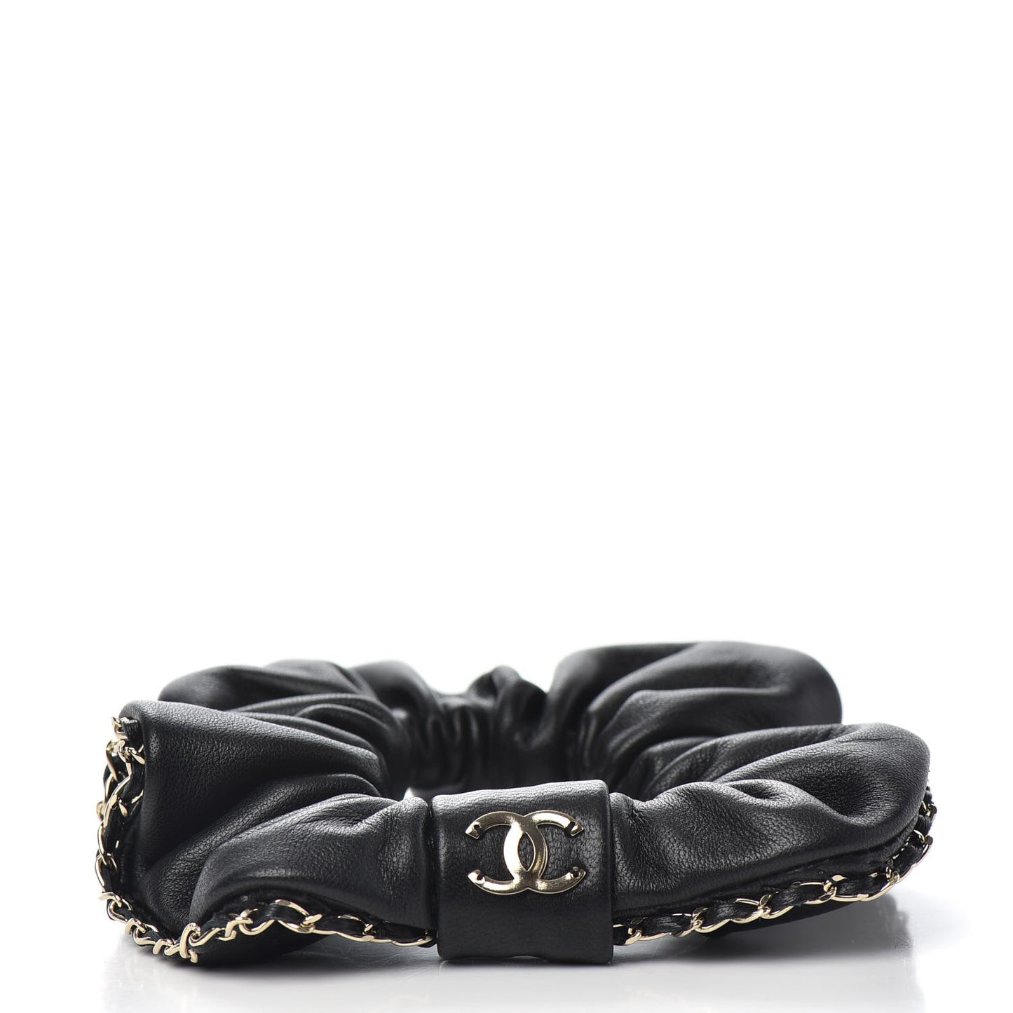 Lambskin Chain CC Hair Scrunchie Black Gold