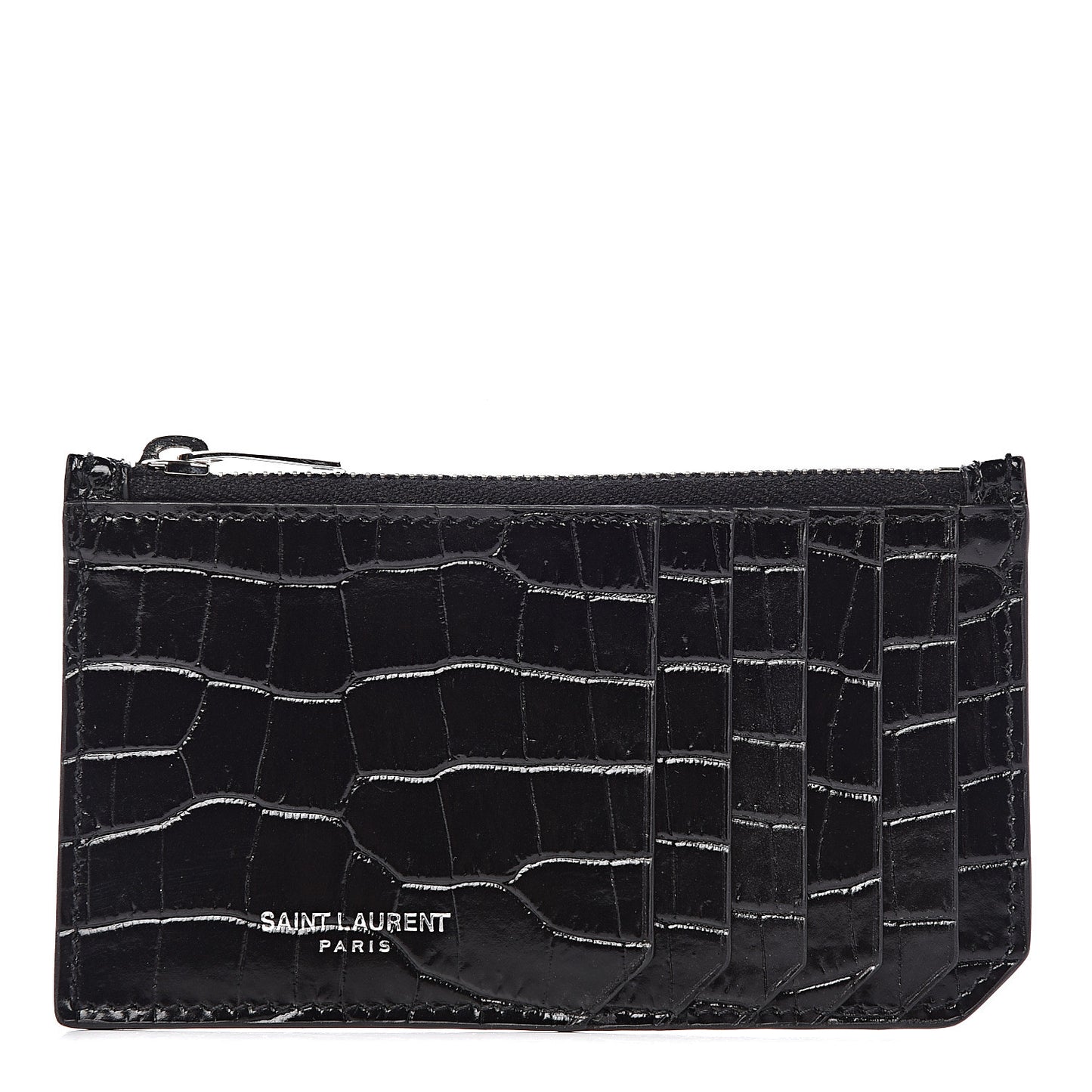 Calfskin Crocodile Embossed 5 Fragments Zip Pouch Card Holder Black
