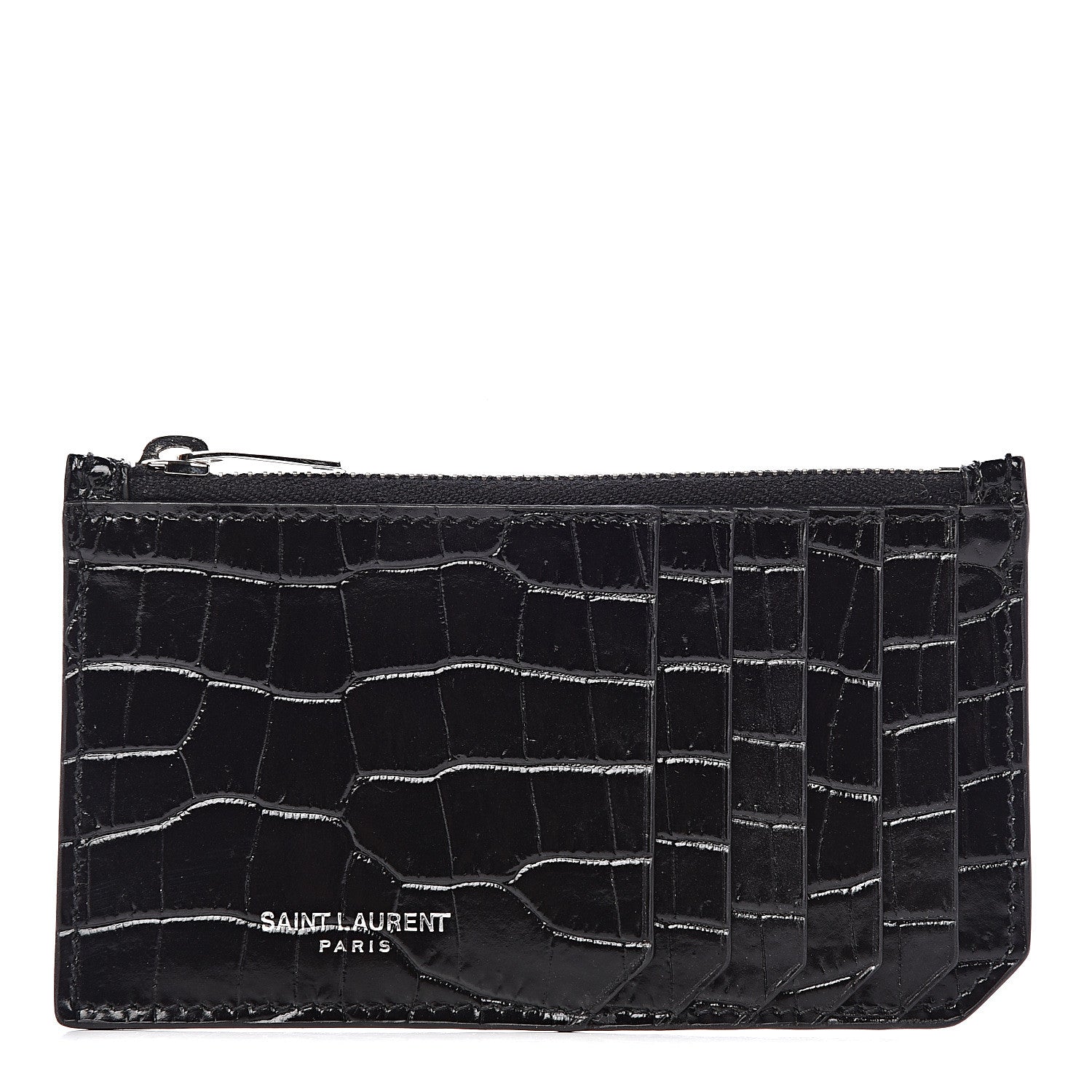 Saint Laurent Calfskin Crocodile Embossed 5 Fragments Zip Pouch Card Holder Black 1 of 8
