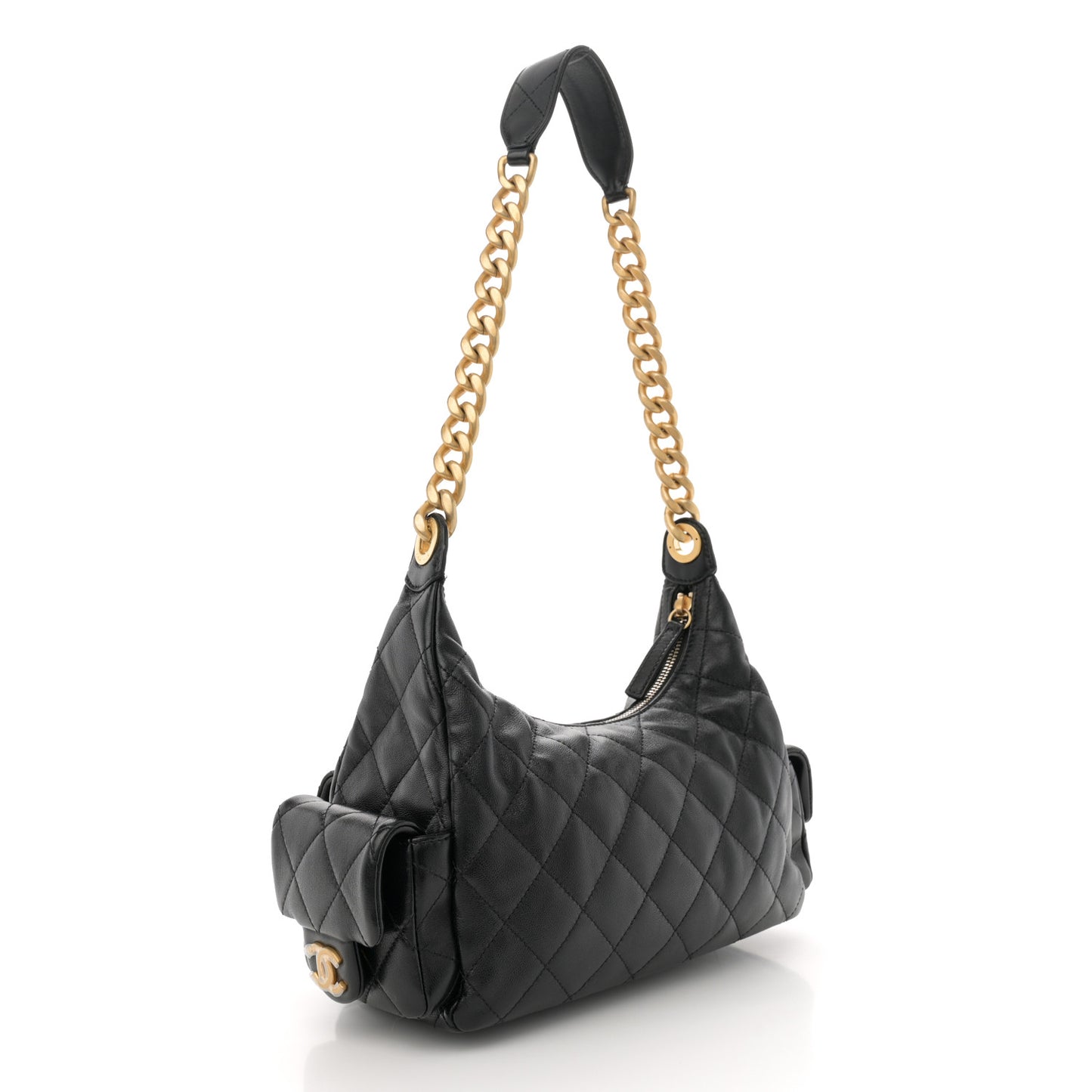 Shiny Lambskin Quilted Trendy Pockets Hobo Black