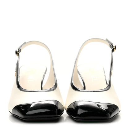 Chanel Lambskin Patent Calfskin Cap Toe CC Slingback Pumps 38.5 White Black 3 of 10