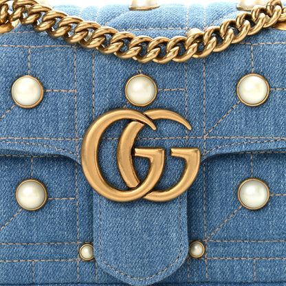 Gucci Denim Matelasse Pearl Studded Mini GG Marmont Shoulder Bag Blue 8 of 11