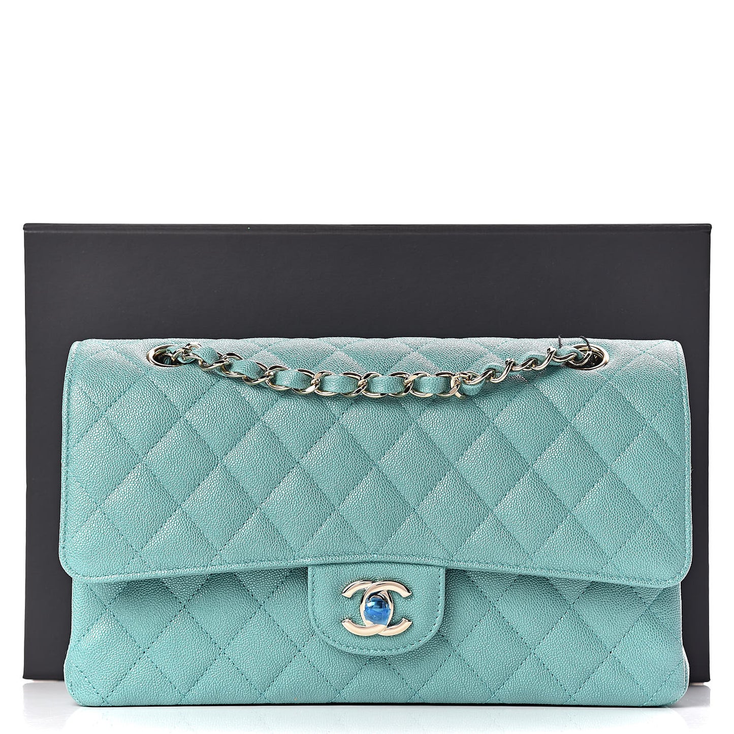 Iridescent Caviar Quilted Medium Double Flap Green