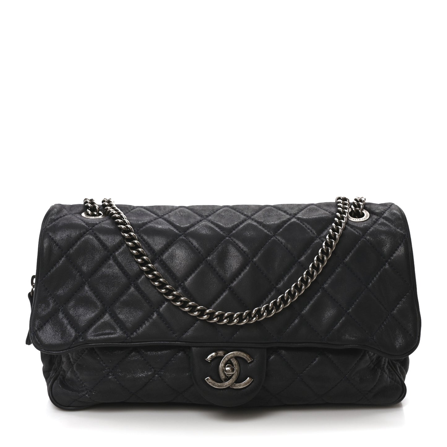Iridescent Calfskin Quilted Large Shiva Flap Navy Blue