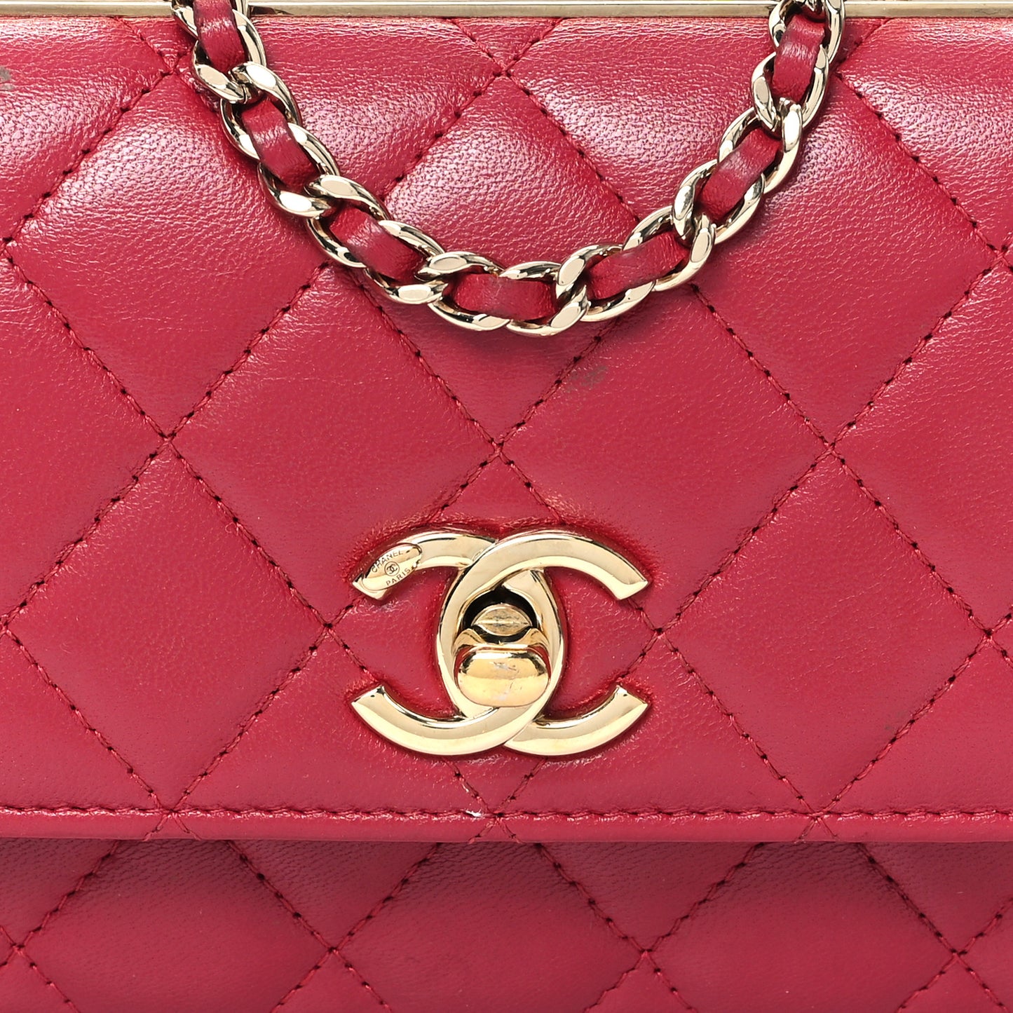 Lambskin Quilted Trendy CC Dual Handle Clutch With Chain Red