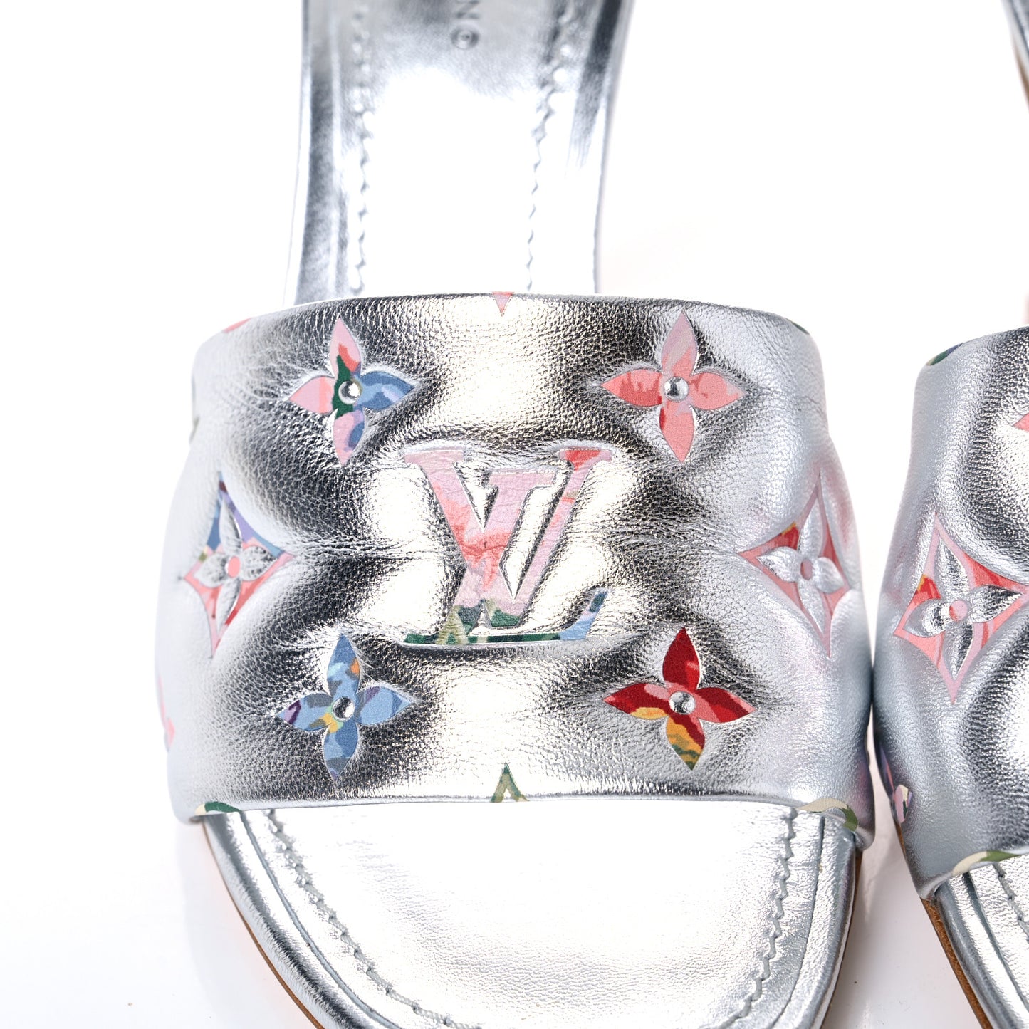 Metallic Lambskin Embossed Monogram LV Garden Revival High Heel Mules 37 Silver