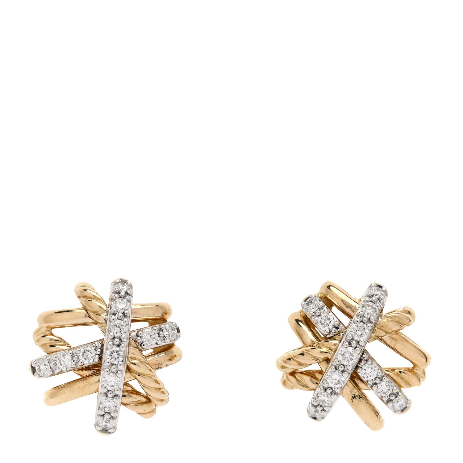 David Yurman 18K Yellow Gold Diamond 11mm Crossover Stud Earrings 1 of 4